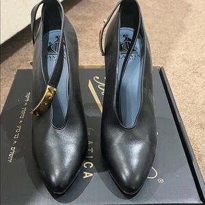 Lanvin Black Leather Pointed-Toe Ankle-Strap Heels